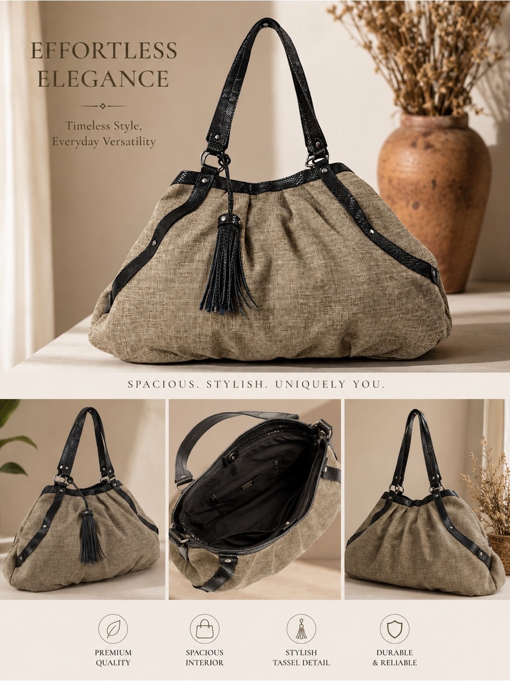 Usher Soft Burlap Textured Vegan Leather Straps Accents Hobo Bag Purse